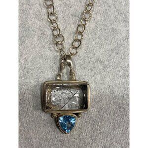 Necklace Rutilated Quartz & Blue Topaz. 9.25 Pendant, & Silver Chain 18”
